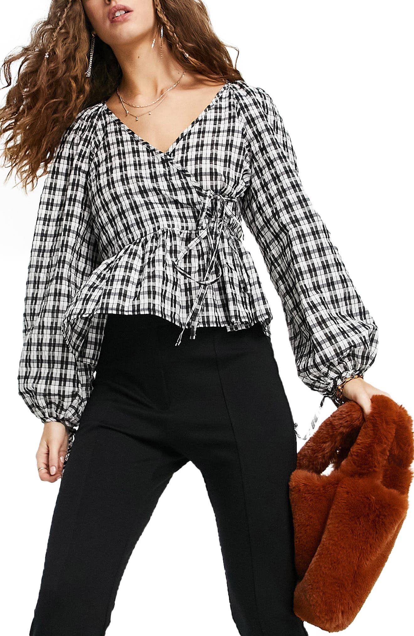 Topshop Side Tie Long Sleeve Peplum Top 