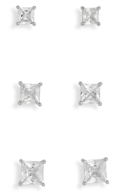 Set of 3 Square Cut Cubic Zirconia Stud Earrings