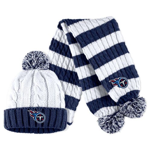 Women's WEAR by Erin Andrews Navy/White Tennessee Titans Cable Stripe Cuffed Knit Hat with Pom and Scarf Set