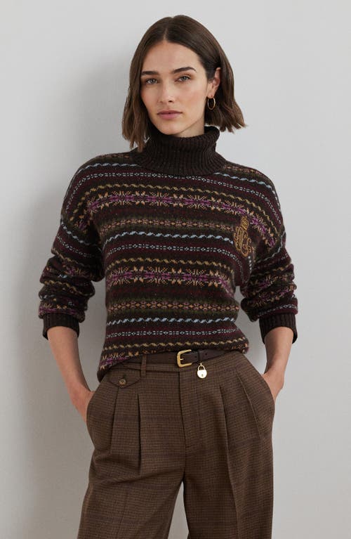 Shop Lauren Ralph Lauren Fair Isle Wool Blend Turtleneck Sweater In Brown Multi