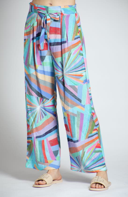 Apny Print Tie Waist Crop Wide Leg Pants In Blue Multi