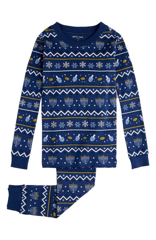 Shop Firsts By Petit Lem Kids' Hanukkah Fair Isle Fitted Two-piece Organic Cotton Pajamas In Blue