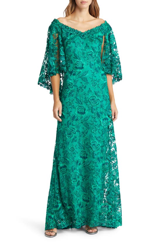 Tadashi Shoji Lace Cape Embroidered Floral Gown In Green | ModeSens