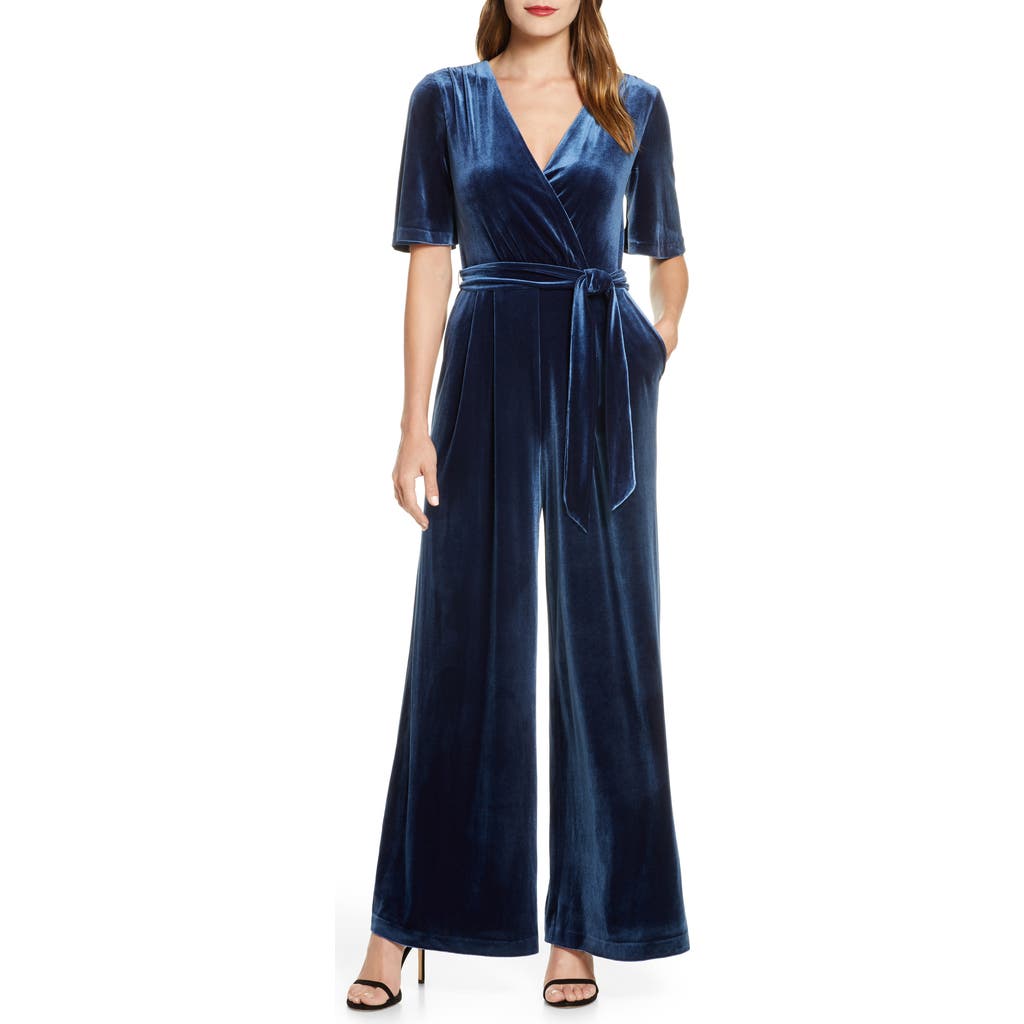Eliza J Wide Leg Faux Wrap Jumpsuit In Blue