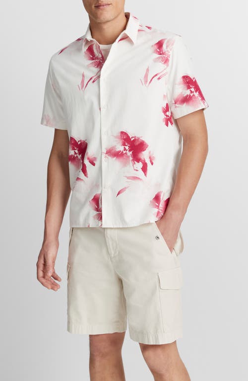 Shop Vince Faded Floral Print Short Sleeve Shirt In White/dark Pink Blaze