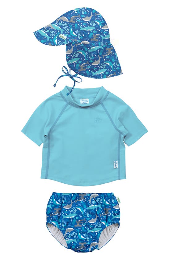 Green Sprouts Babies' Bucket Sun Hat, Long Sleeve Rashguard & Reusable Swim Diaper Set In Royal Blue Sharks