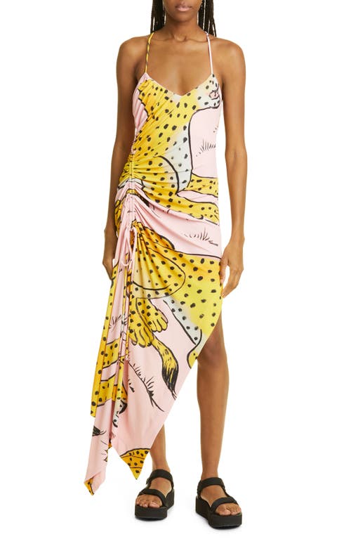 MONSE Leopard Print Draped Asymmetric Dress in Pink Multi