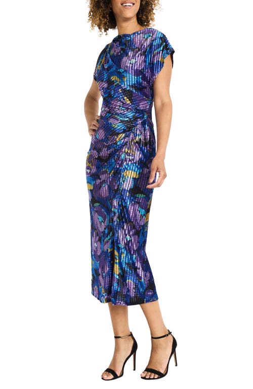 Shop Maggy London Floral Print Ruched Sheath Dress In Black/sapphire