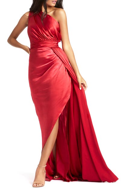 Mac Duggal One-shoulder Faux Wrap Satin Gown In Ruby