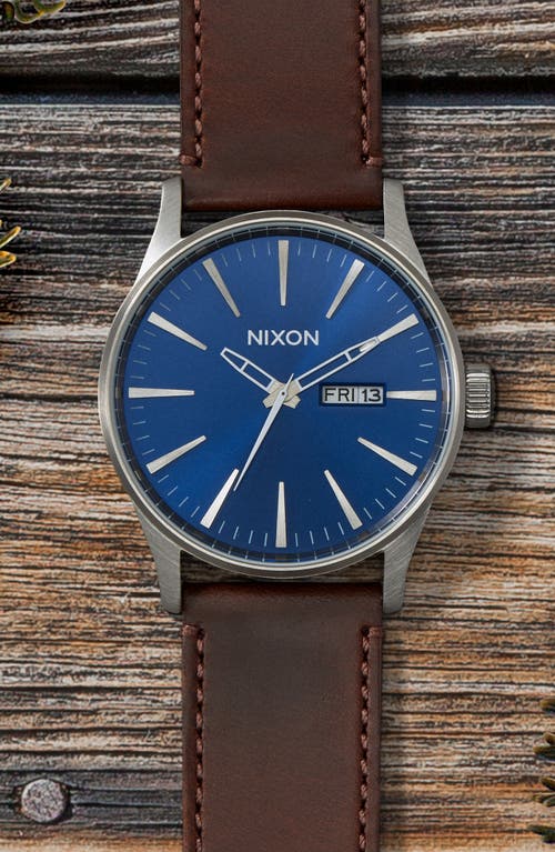 Nixon The Sentry Leather Strap Watch, 42mm In Brown/blue