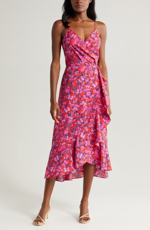 Shop Chelsea28 Faux Wrap Midi Dress In Red/pink Fleur Ikat