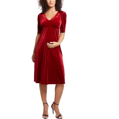 Ingrid & Isabel Velvet V-Neck Midi Maternity Dress, Red
