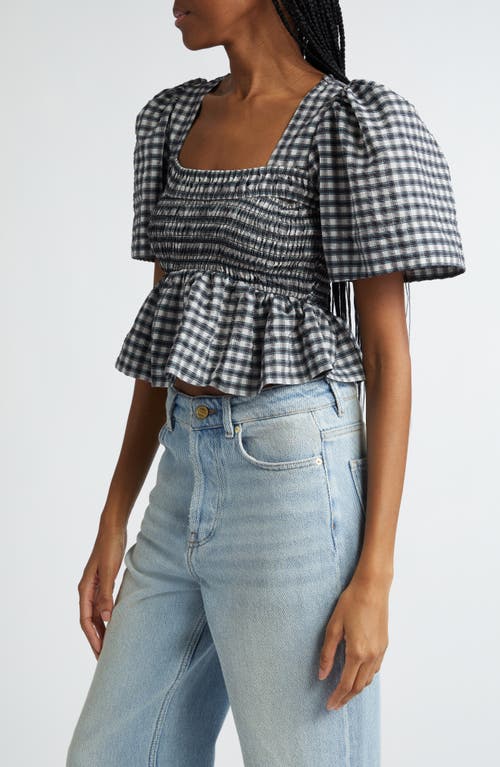 Shop Ganni Check Seersucker Top In Egret