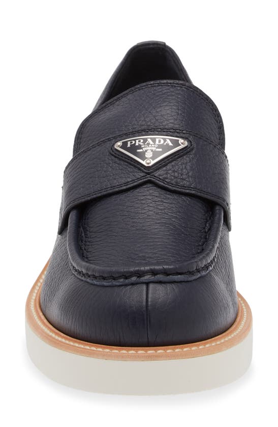 Shop Prada Logo Leather Loafer In Baltico