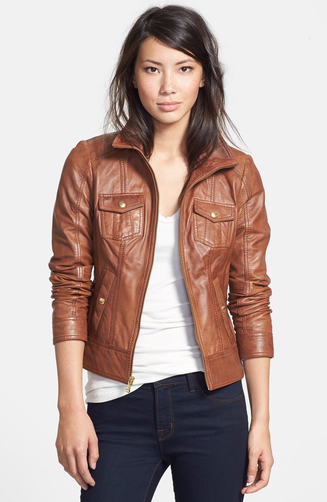 guess leather jacket brown