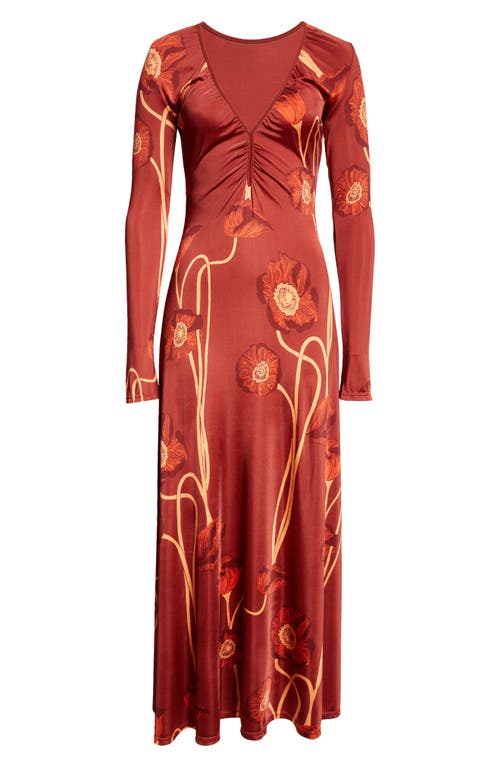 Shop Johanna Ortiz Nectar De Amapolla Long Sleeve Stretch Satin Midi Dress In Papaver Somniferum/red