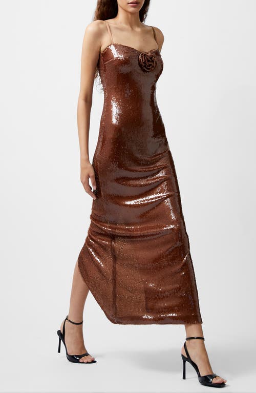 Shop French Connection Beatrice Sequin Rosette Maxi Dress In Brown Sequin