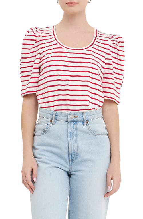 English Factory Stripe Pleated Puff Sleeve T-shirt In White/red