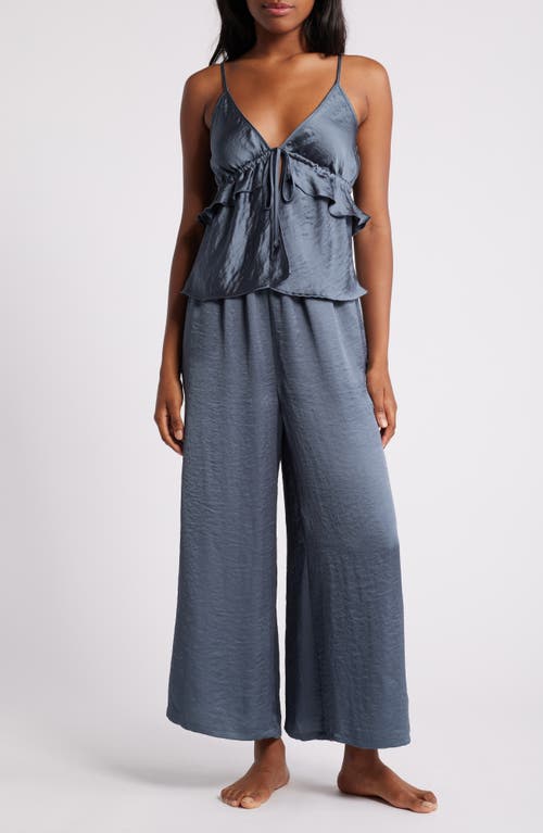 Shop Open Edit Ruffle Tie Front Crop Wide Leg Satin Pajamas In Blue Weather