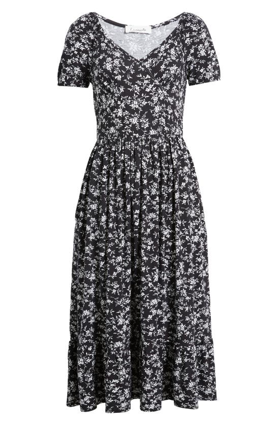 Shop Loveappella Floral Short Sleeve Midi Dress In Black/ Ivory