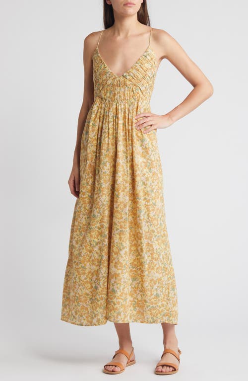 Smocked Bodice Strappy Back Cotton Dress in Olive Multi Brea Floral