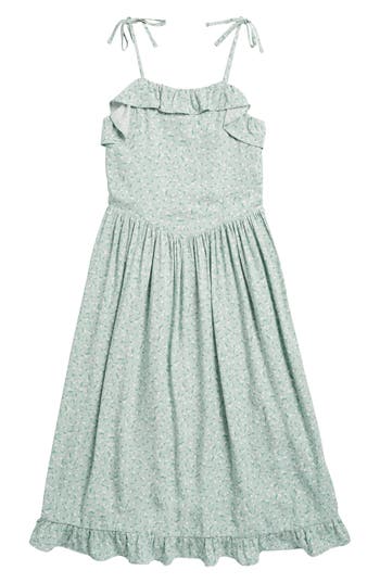 Shop Nordstrom Kids' Floral Ruffle Tie Strap Sundress In Green Subtle Soft Blossoms