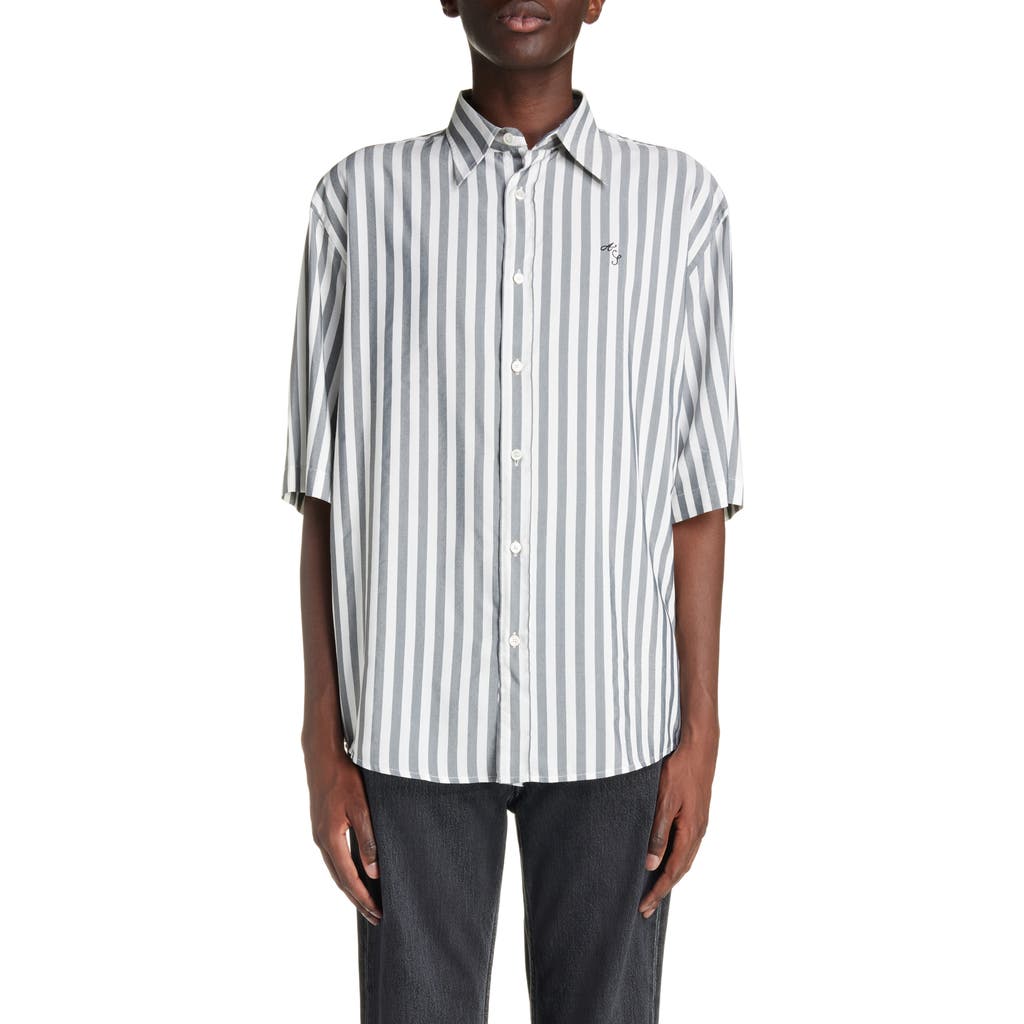 Acne Studios Embroidered Logo Stripe Button-up Shirt In Gray