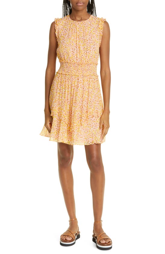 Jason Wu Floral Print Smocked Waist Silk Chiffon Dress In Pink Lemon Multi