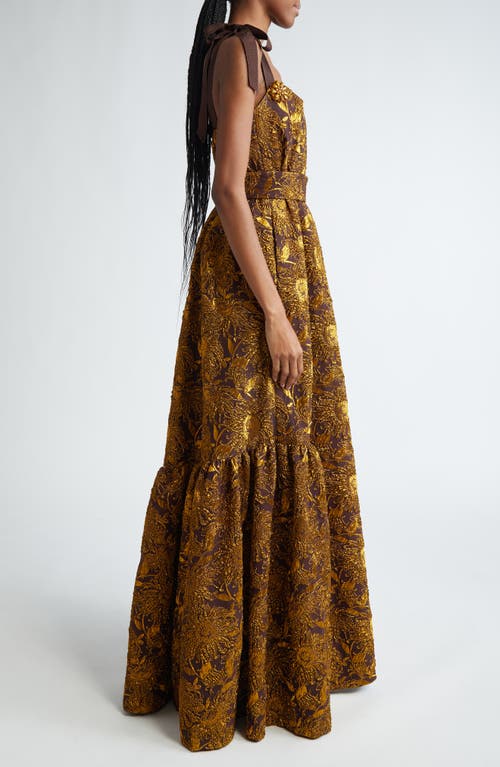 Shop Lela Rose Sunflower Brocade Gown In Chestnut/gold