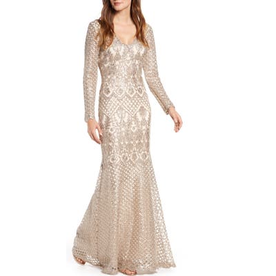 Tadashi Shoji Sequin Lace Long Sleeve Trumpet Gown, Beige