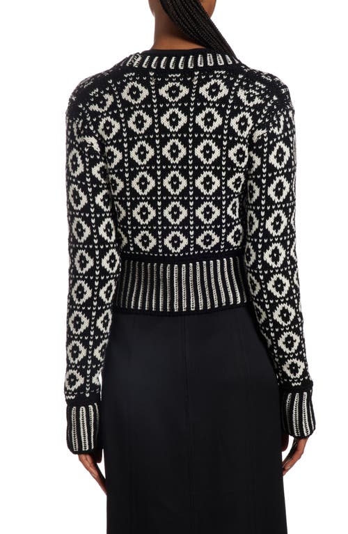 Shop Golden Goose Imitation Pearl Geo Nordic Jacquard Crop Wool Cardigan In Antique White/black