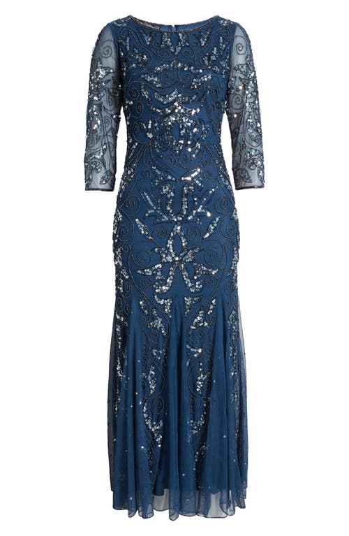 Shop Pisarro Nights Illusion Sleeve Beaded A-line Gown In Petrol Blue