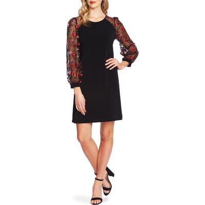 Cece Embroidered Long Sleeve Shift Dress, Black