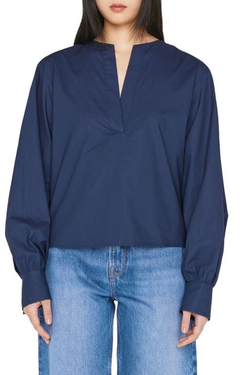 Shop Frame Split Neck Organic Cotton Popover Top In Navy