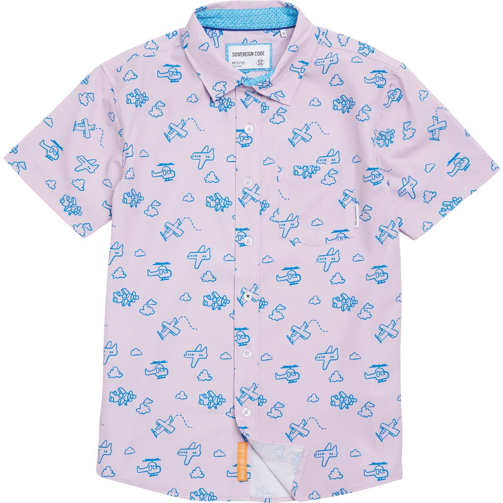 Sovereign Code Kids' Stanley Flying Short Sleeve Button-up Shirt In Fair Orchid/planes