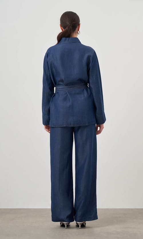 Mizalle Denim Belted Blouse In Indigo