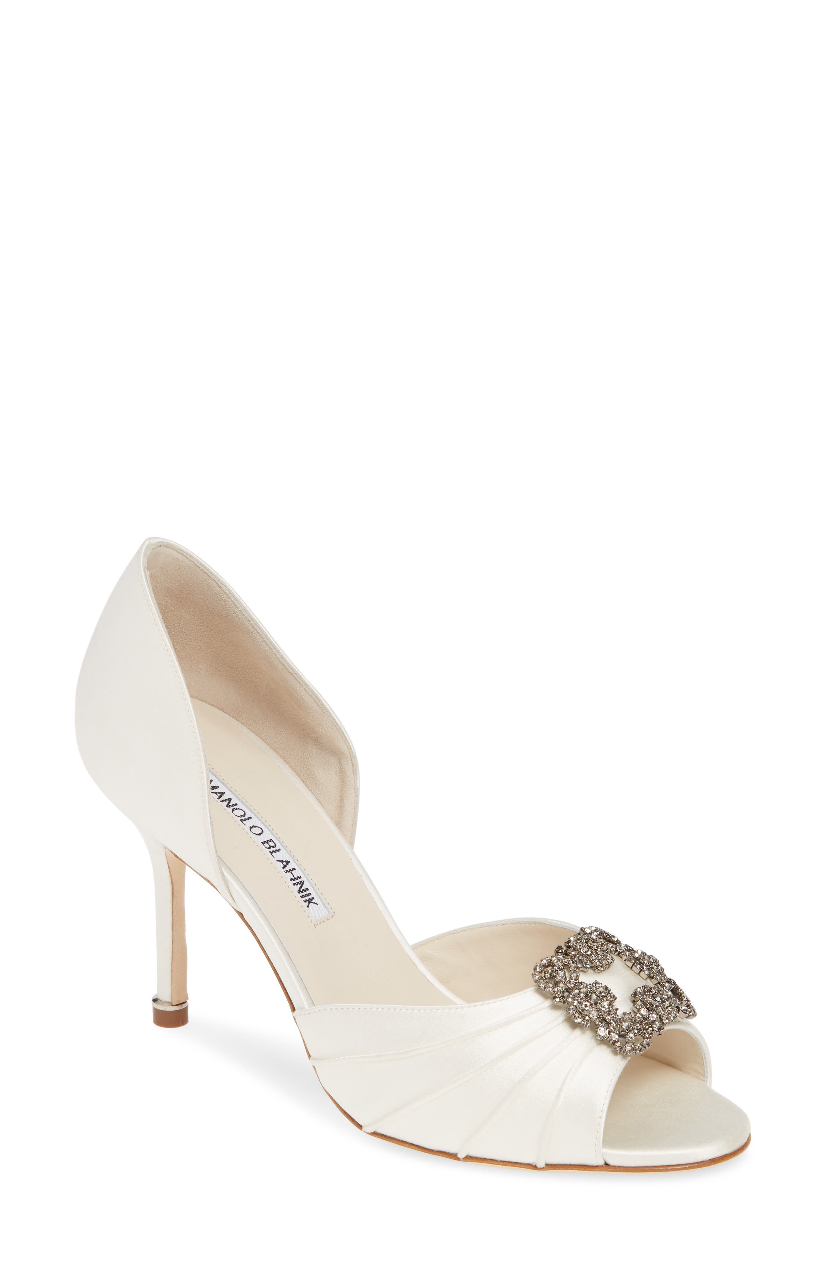 Manolo Blahnik Cassiado Crystal Buckle Peep Toe Pump, Ivory
