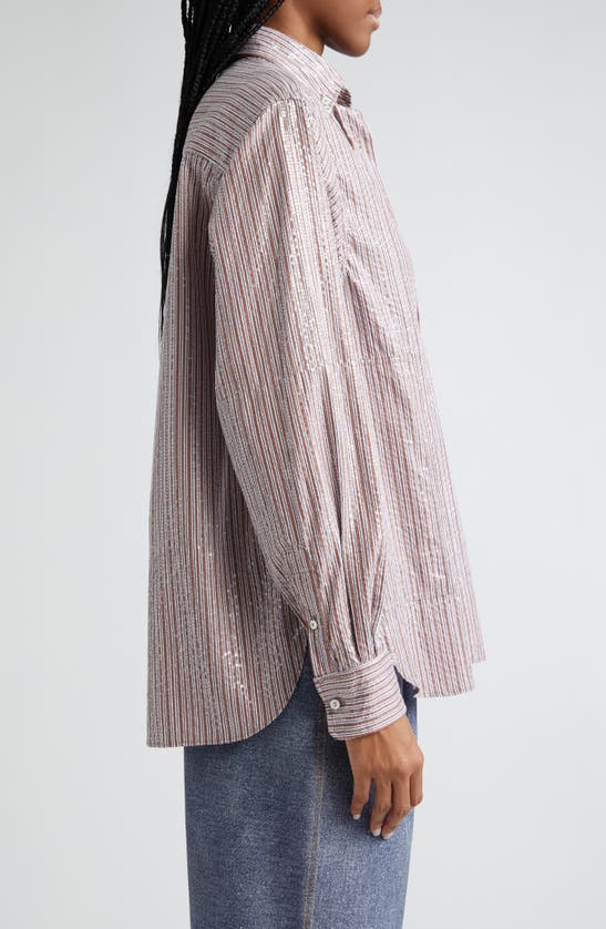 Shop Saks Potts William Stripe Sequin Cotton Poplin Button-down Shirt In Brown Stripe Sequin