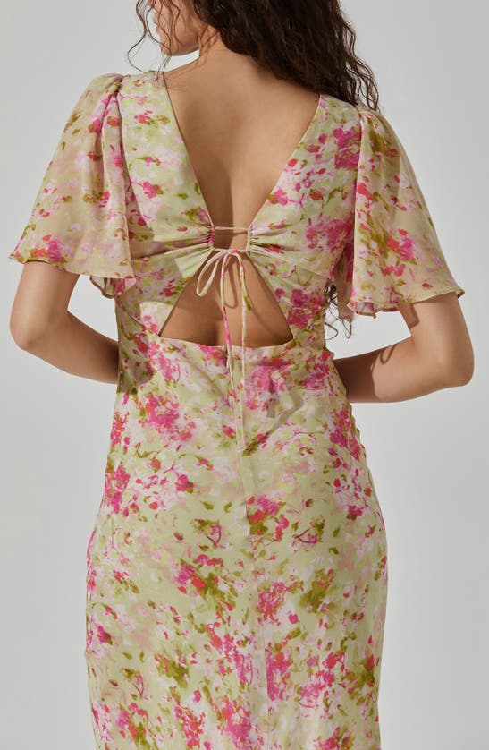 Shop Astr Floral Tie Back Flutter Sleeve Dress In Lime Pink Floral