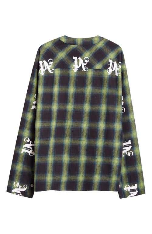 Shop Palm Angels Monogram Check Raw Edge Cotton Shirt In Green Off