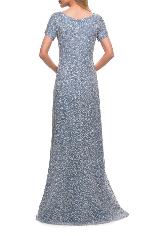 La Femme Long Print Lace Dress In Steel Blue