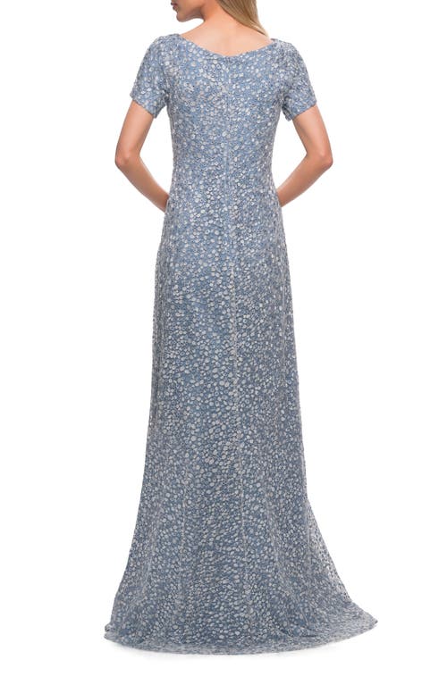 Shop La Femme Long Print Lace Dress With Short Sleeves In Steel Blue