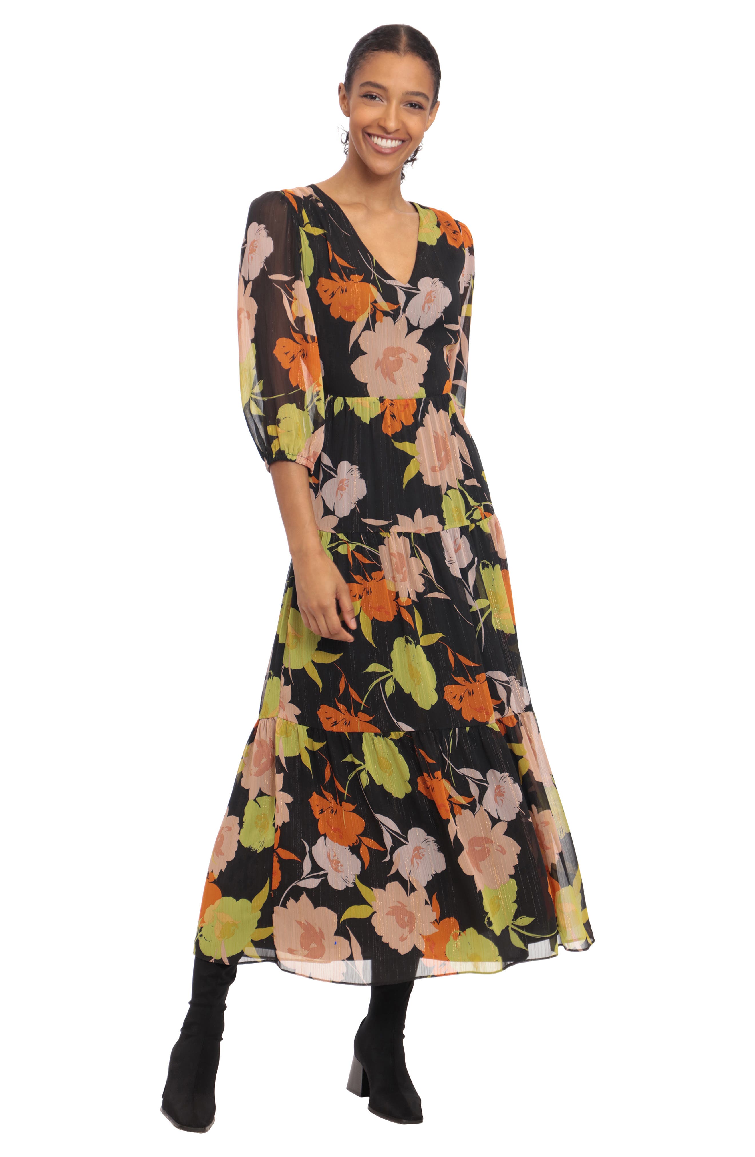 Donna Morgan Floral 3/4 Sleeve Tiered 