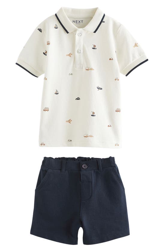 Shop Next Kids' Vehicle Print Cotton Polo & Shorts Set In White