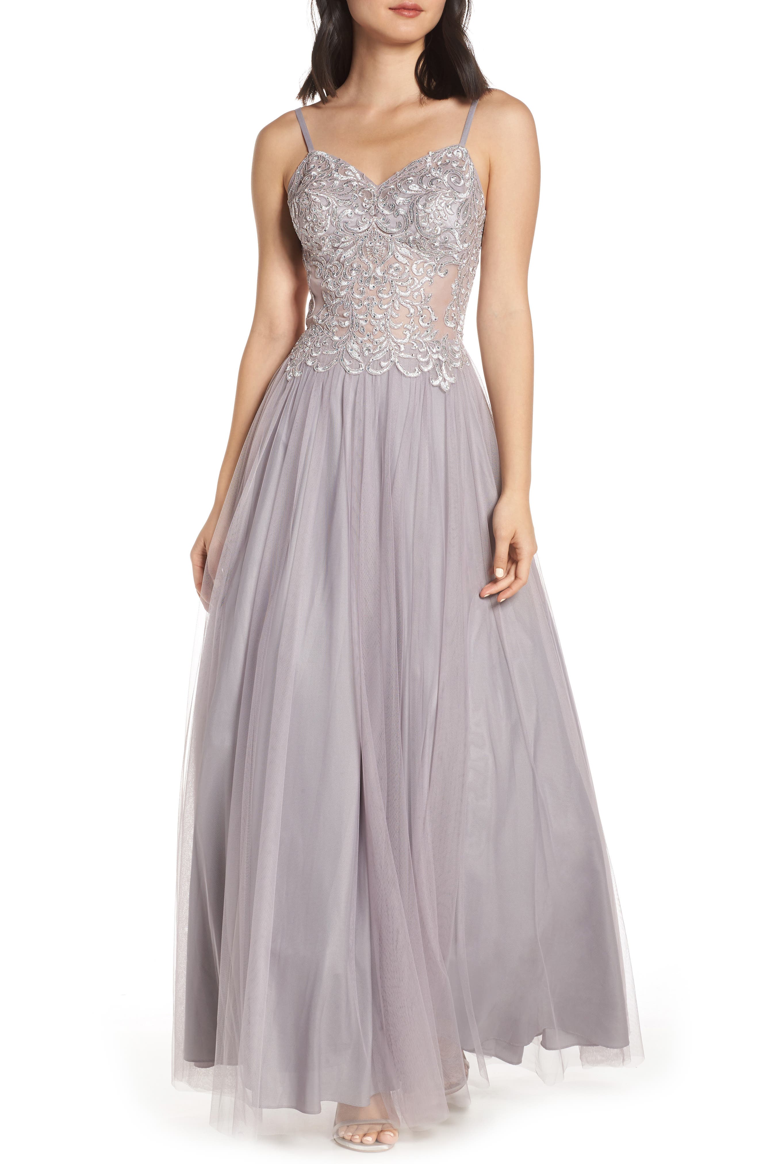Blondie Nites Applique Illusion Mesh Evening Dress, Purple