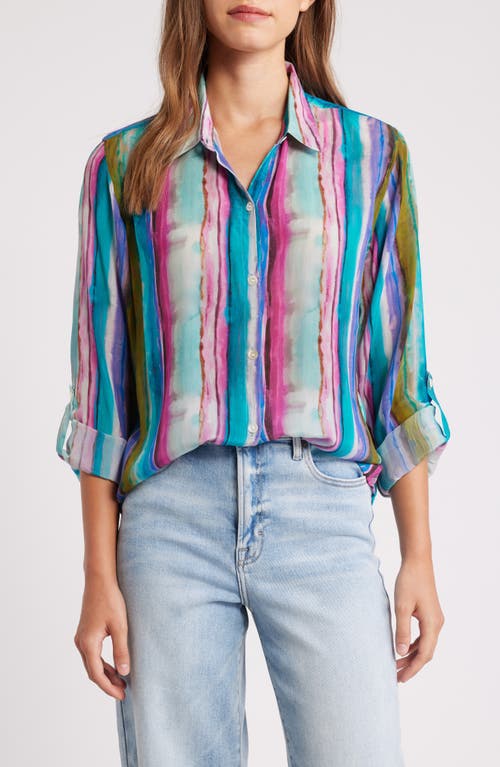 Shop Apny Watercolor Stripe Button-up Shirt In Green Multi