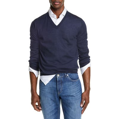 Brunello Cucinelli Fine Gauge Wool & Cashmere V-Neck Sweater Blue