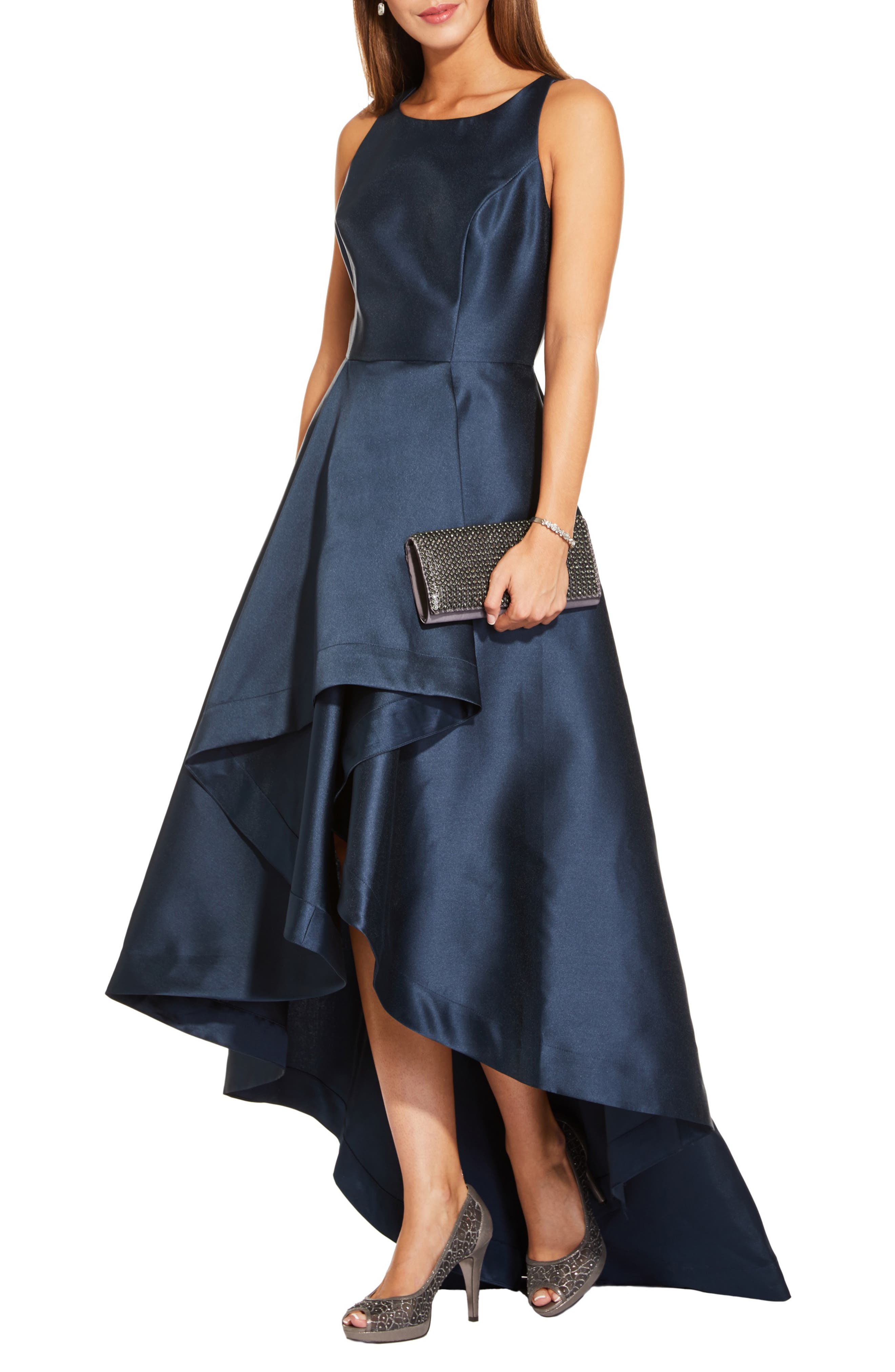 Adrianna Papell Mikado High Low Sleeveless Gown in Midnight