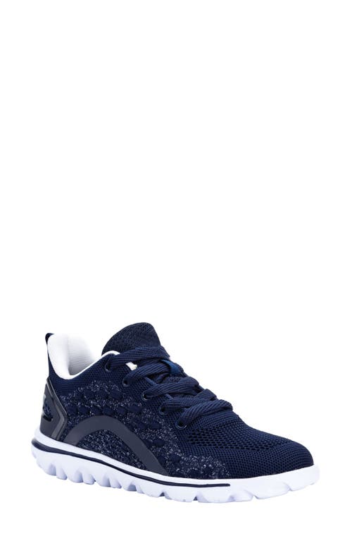 Propét TravelActiv Axial Lace-Up Sneaker in Navy/White Fabric