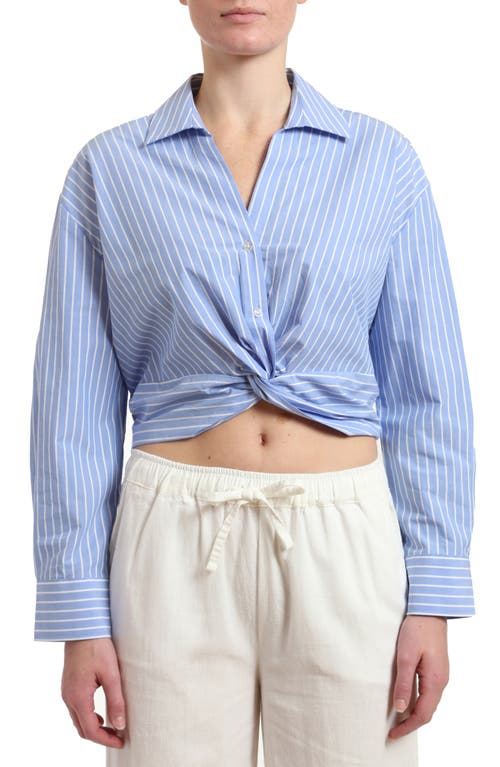 Stripe Twist Front Crop Button-Up Shirt in Blue Striped
